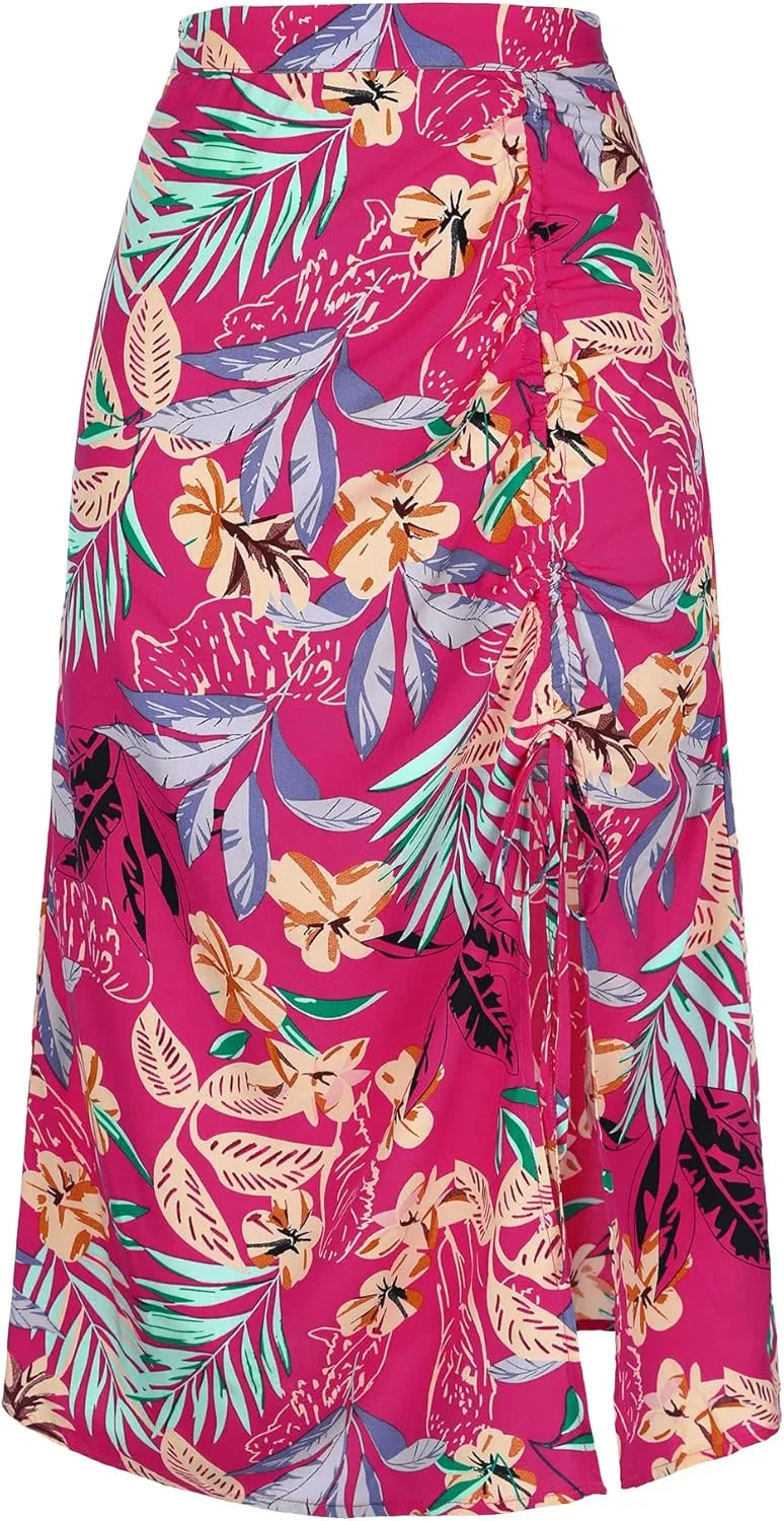 Allegra K Women's Hawaiian Skirts Summer Beach Ruched Split Thigh Tropical Skirt
