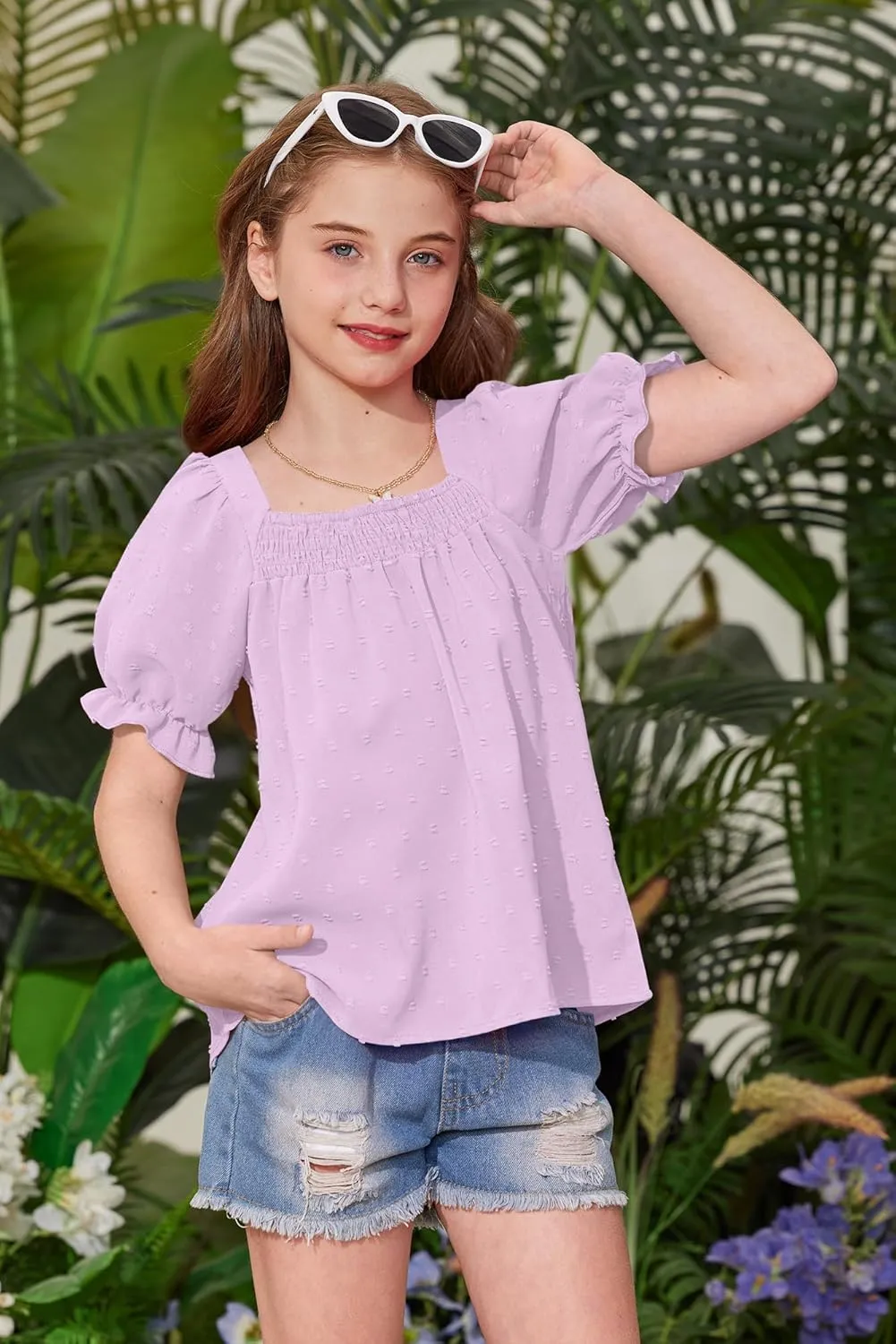 BesserBay Girls Summer Puff Sleeve Top Smocked Swiss Dot Ruffle Cuffs Blouse Spring Square Neck Shirt 6-14 Years