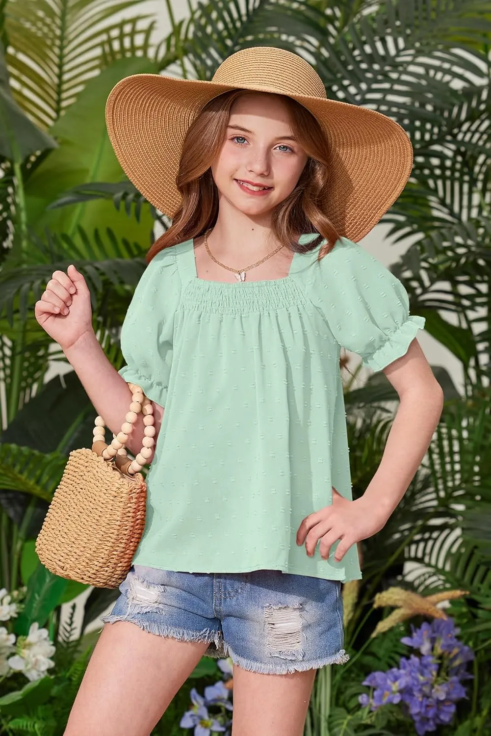 BesserBay Girls Summer Puff Sleeve Top Smocked Swiss Dot Ruffle Cuffs Blouse Spring Square Neck Shirt 6-14 Years