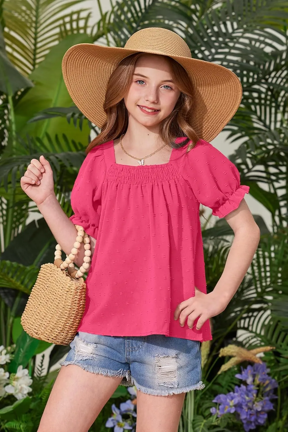BesserBay Girls Summer Puff Sleeve Top Smocked Swiss Dot Ruffle Cuffs Blouse Spring Square Neck Shirt 6-14 Years