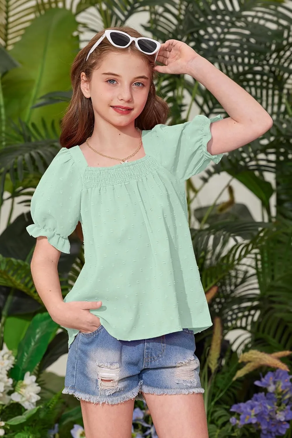 BesserBay Girls Summer Puff Sleeve Top Smocked Swiss Dot Ruffle Cuffs Blouse Spring Square Neck Shirt 6-14 Years