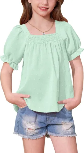 BesserBay Girls Summer Puff Sleeve Top Smocked Swiss Dot Ruffle Cuffs Blouse Spring Square Neck Shirt 6-14 Years