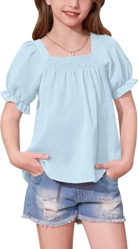 BesserBay Girls Summer Puff Sleeve Top Smocked Swiss Dot Ruffle Cuffs Blouse Spring Square Neck Shirt 6-14 Years