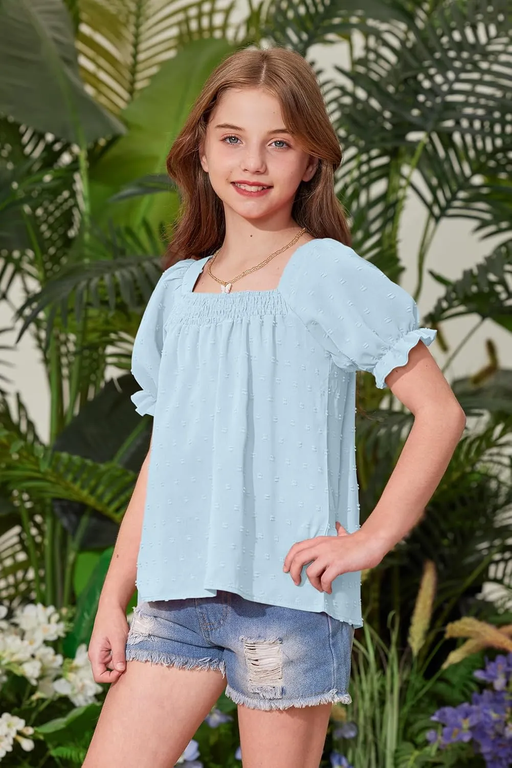 BesserBay Girls Summer Puff Sleeve Top Smocked Swiss Dot Ruffle Cuffs Blouse Spring Square Neck Shirt 6-14 Years