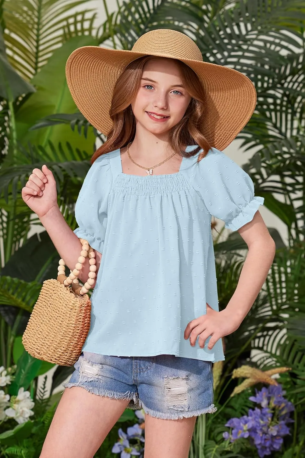 BesserBay Girls Summer Puff Sleeve Top Smocked Swiss Dot Ruffle Cuffs Blouse Spring Square Neck Shirt 6-14 Years