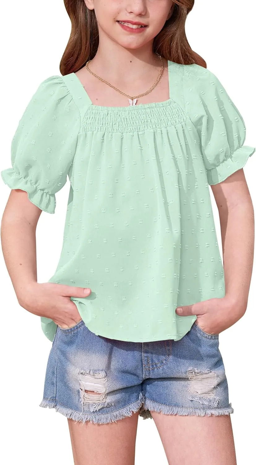 BesserBay Girls Summer Puff Sleeve Top Smocked Swiss Dot Ruffle Cuffs Blouse Spring Square Neck Shirt 6-14 Years