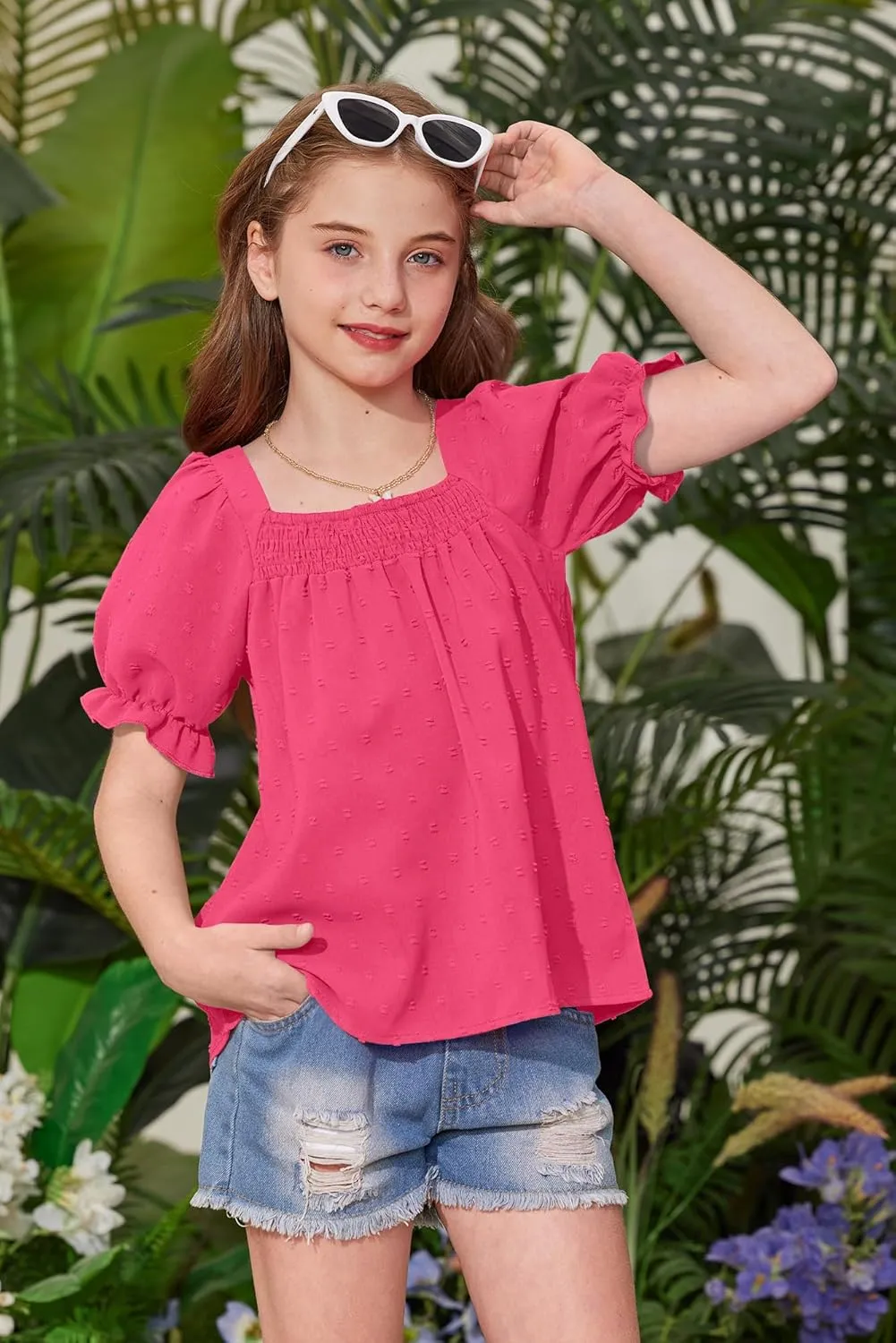 BesserBay Girls Summer Puff Sleeve Top Smocked Swiss Dot Ruffle Cuffs Blouse Spring Square Neck Shirt 6-14 Years