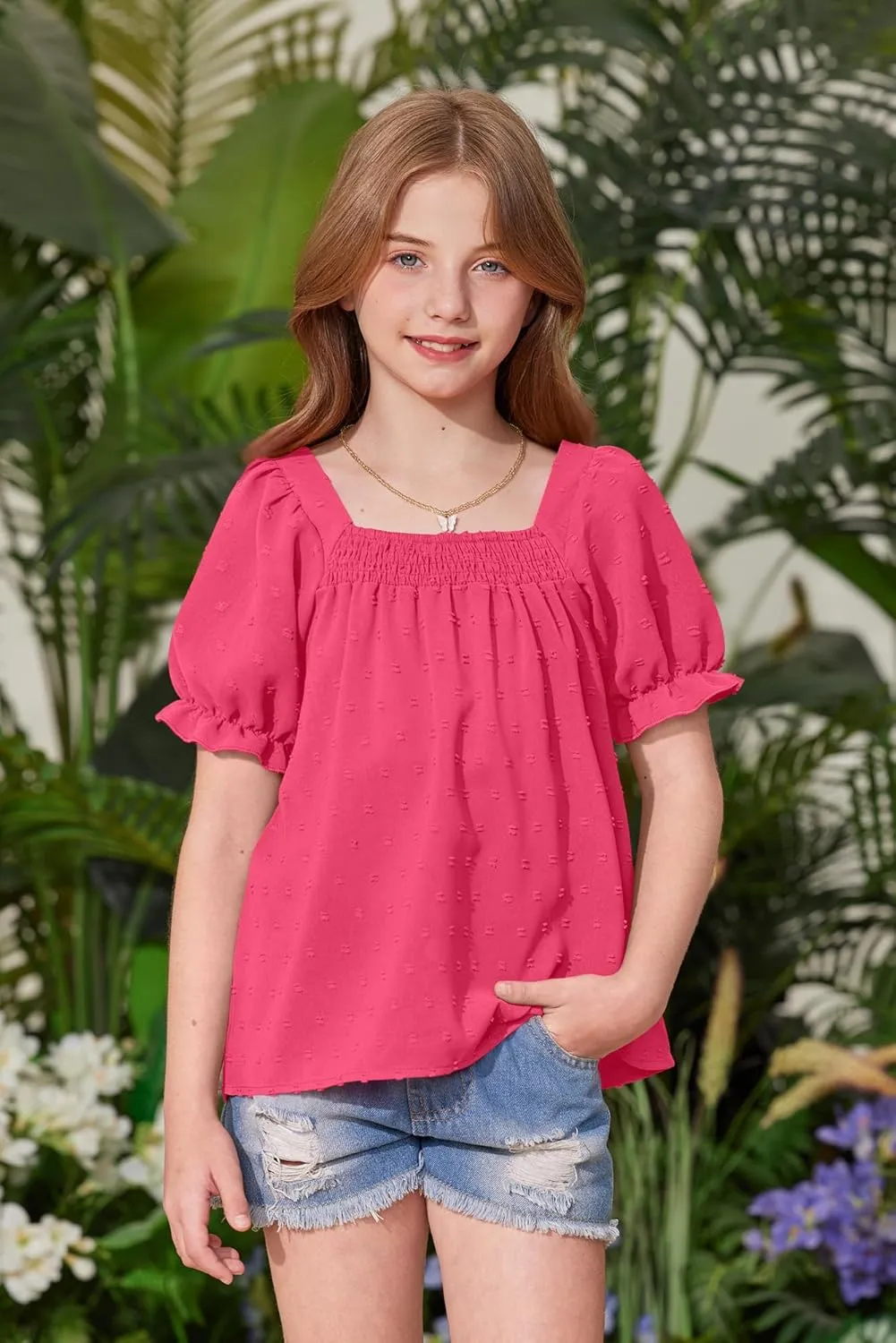 BesserBay Girls Summer Puff Sleeve Top Smocked Swiss Dot Ruffle Cuffs Blouse Spring Square Neck Shirt 6-14 Years