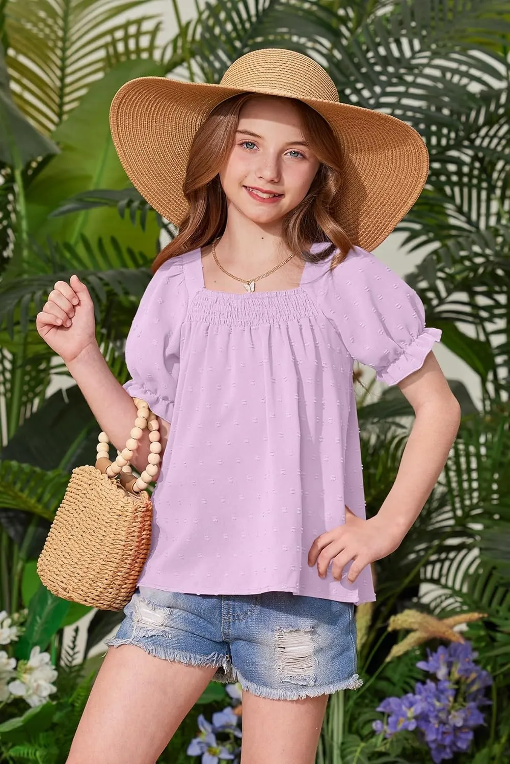 BesserBay Girls Summer Puff Sleeve Top Smocked Swiss Dot Ruffle Cuffs Blouse Spring Square Neck Shirt 6-14 Years