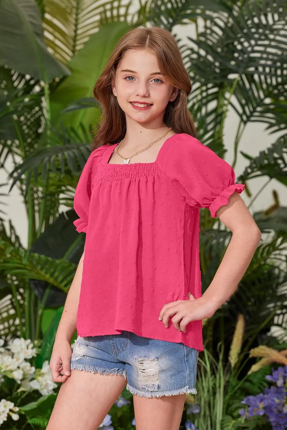 BesserBay Girls Summer Puff Sleeve Top Smocked Swiss Dot Ruffle Cuffs Blouse Spring Square Neck Shirt 6-14 Years