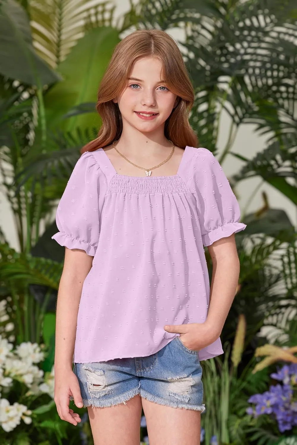 BesserBay Girls Summer Puff Sleeve Top Smocked Swiss Dot Ruffle Cuffs Blouse Spring Square Neck Shirt 6-14 Years