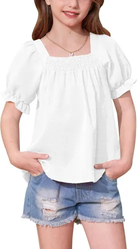 BesserBay Girls Summer Puff Sleeve Top Smocked Swiss Dot Ruffle Cuffs Blouse Spring Square Neck Shirt 6-14 Years