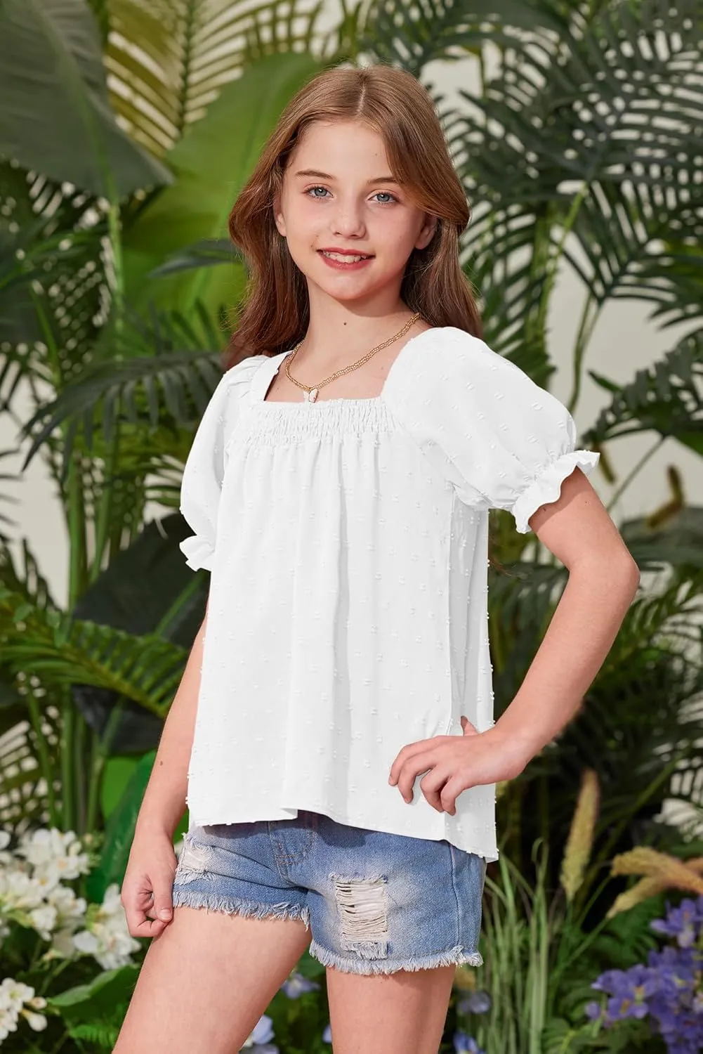 BesserBay Girls Summer Puff Sleeve Top Smocked Swiss Dot Ruffle Cuffs Blouse Spring Square Neck Shirt 6-14 Years