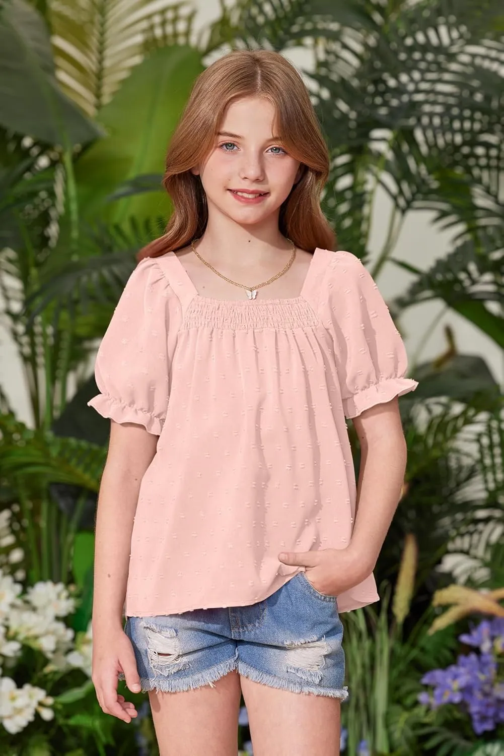 BesserBay Girls Summer Puff Sleeve Top Smocked Swiss Dot Ruffle Cuffs Blouse Spring Square Neck Shirt 6-14 Years