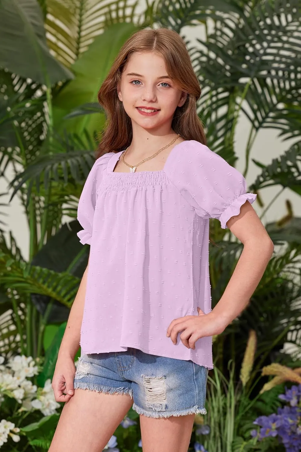 BesserBay Girls Summer Puff Sleeve Top Smocked Swiss Dot Ruffle Cuffs Blouse Spring Square Neck Shirt 6-14 Years