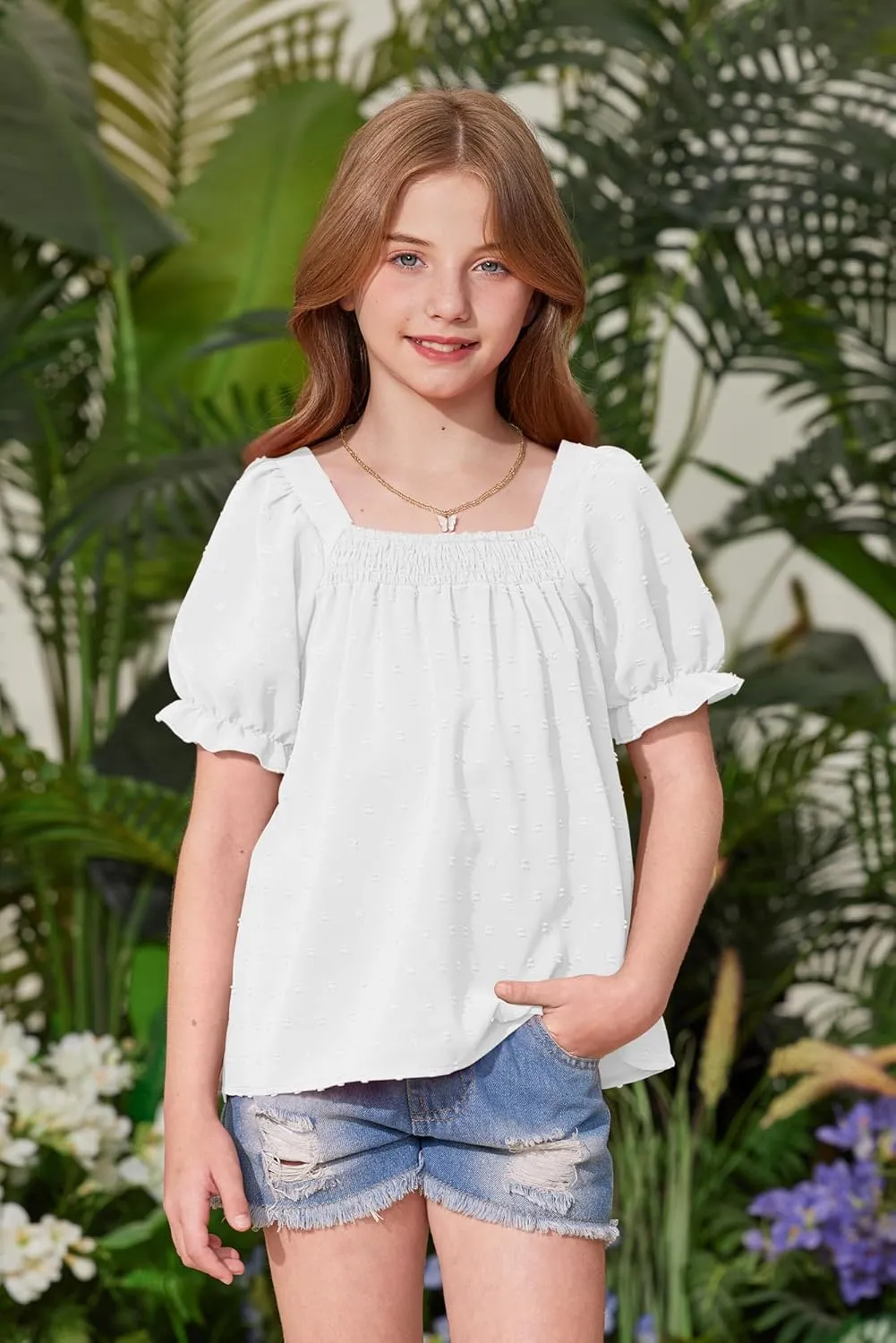 BesserBay Girls Summer Puff Sleeve Top Smocked Swiss Dot Ruffle Cuffs Blouse Spring Square Neck Shirt 6-14 Years