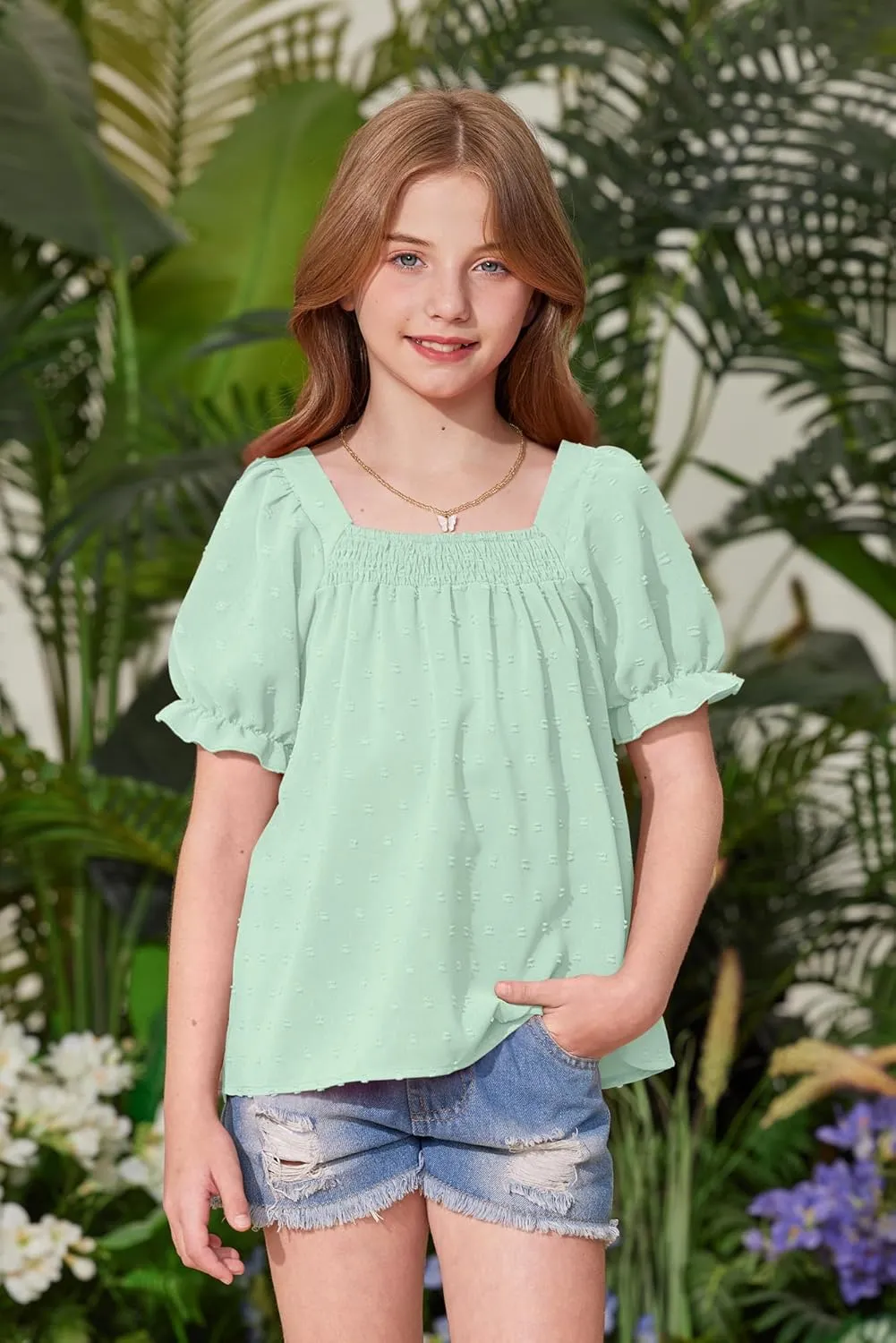 BesserBay Girls Summer Puff Sleeve Top Smocked Swiss Dot Ruffle Cuffs Blouse Spring Square Neck Shirt 6-14 Years