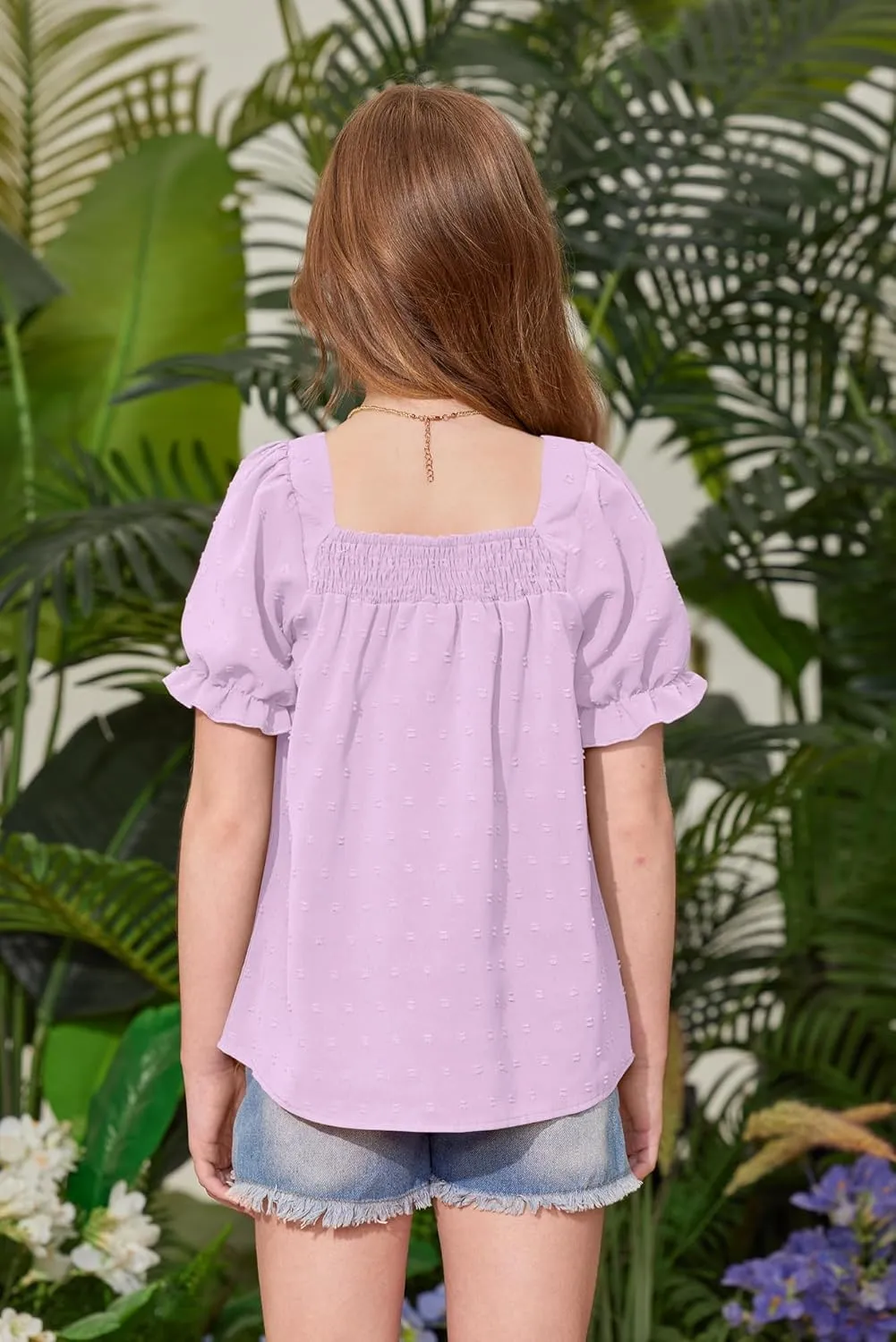 BesserBay Girls Summer Puff Sleeve Top Smocked Swiss Dot Ruffle Cuffs Blouse Spring Square Neck Shirt 6-14 Years