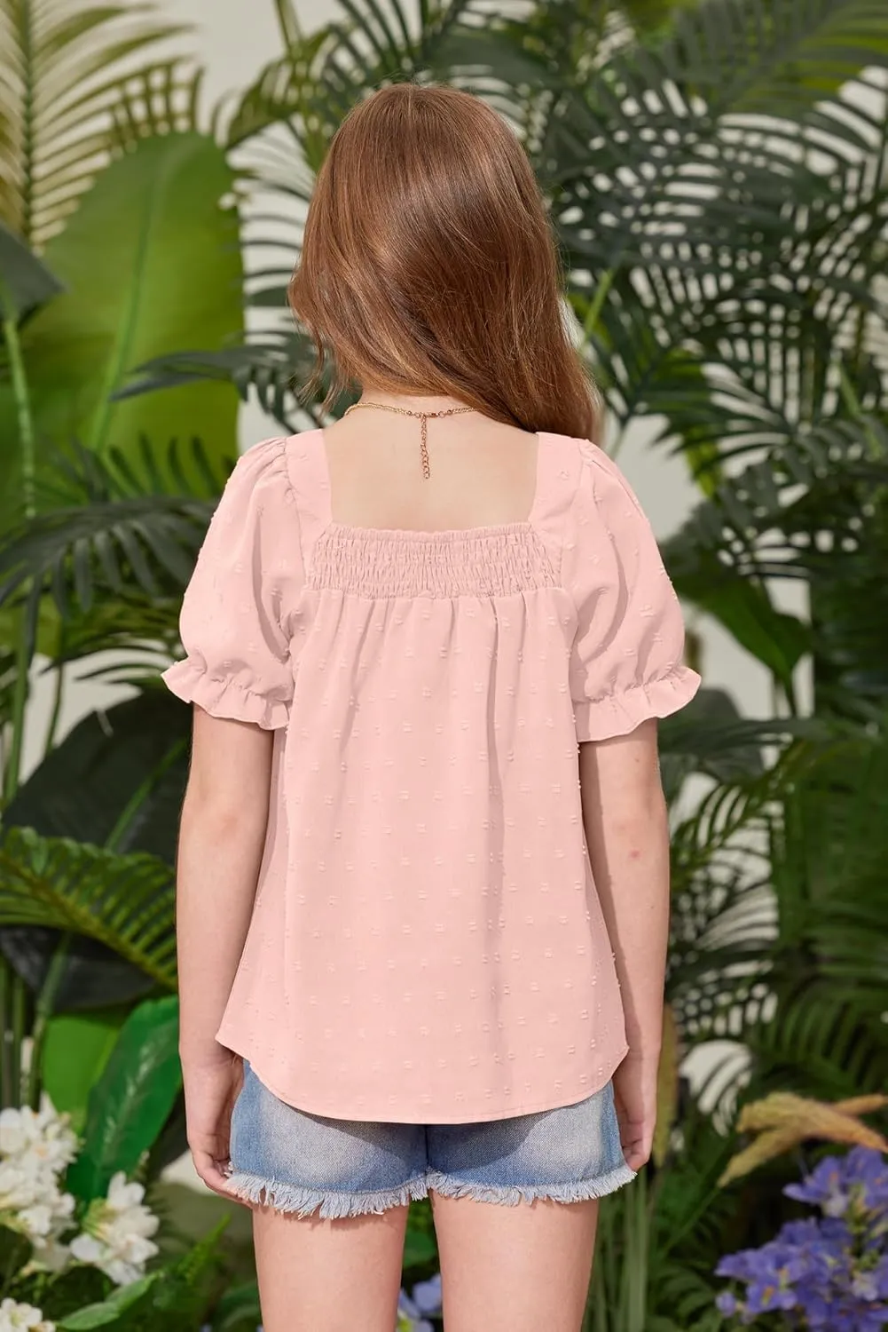 BesserBay Girls Summer Puff Sleeve Top Smocked Swiss Dot Ruffle Cuffs Blouse Spring Square Neck Shirt 6-14 Years