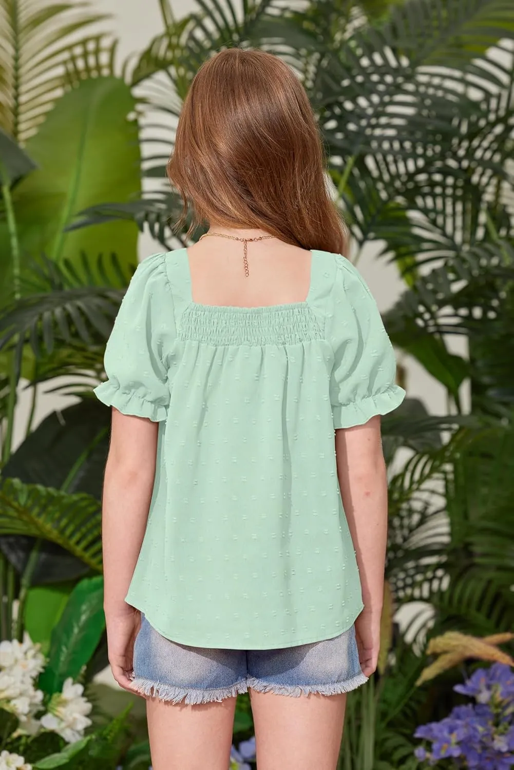 BesserBay Girls Summer Puff Sleeve Top Smocked Swiss Dot Ruffle Cuffs Blouse Spring Square Neck Shirt 6-14 Years