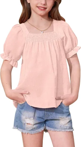 BesserBay Girls Summer Puff Sleeve Top Smocked Swiss Dot Ruffle Cuffs Blouse Spring Square Neck Shirt 6-14 Years