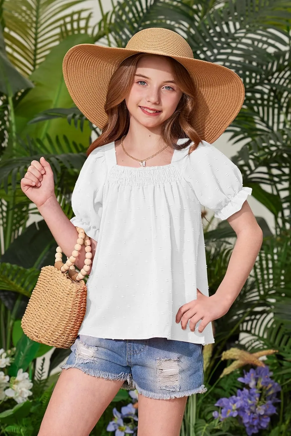 BesserBay Girls Summer Puff Sleeve Top Smocked Swiss Dot Ruffle Cuffs Blouse Spring Square Neck Shirt 6-14 Years