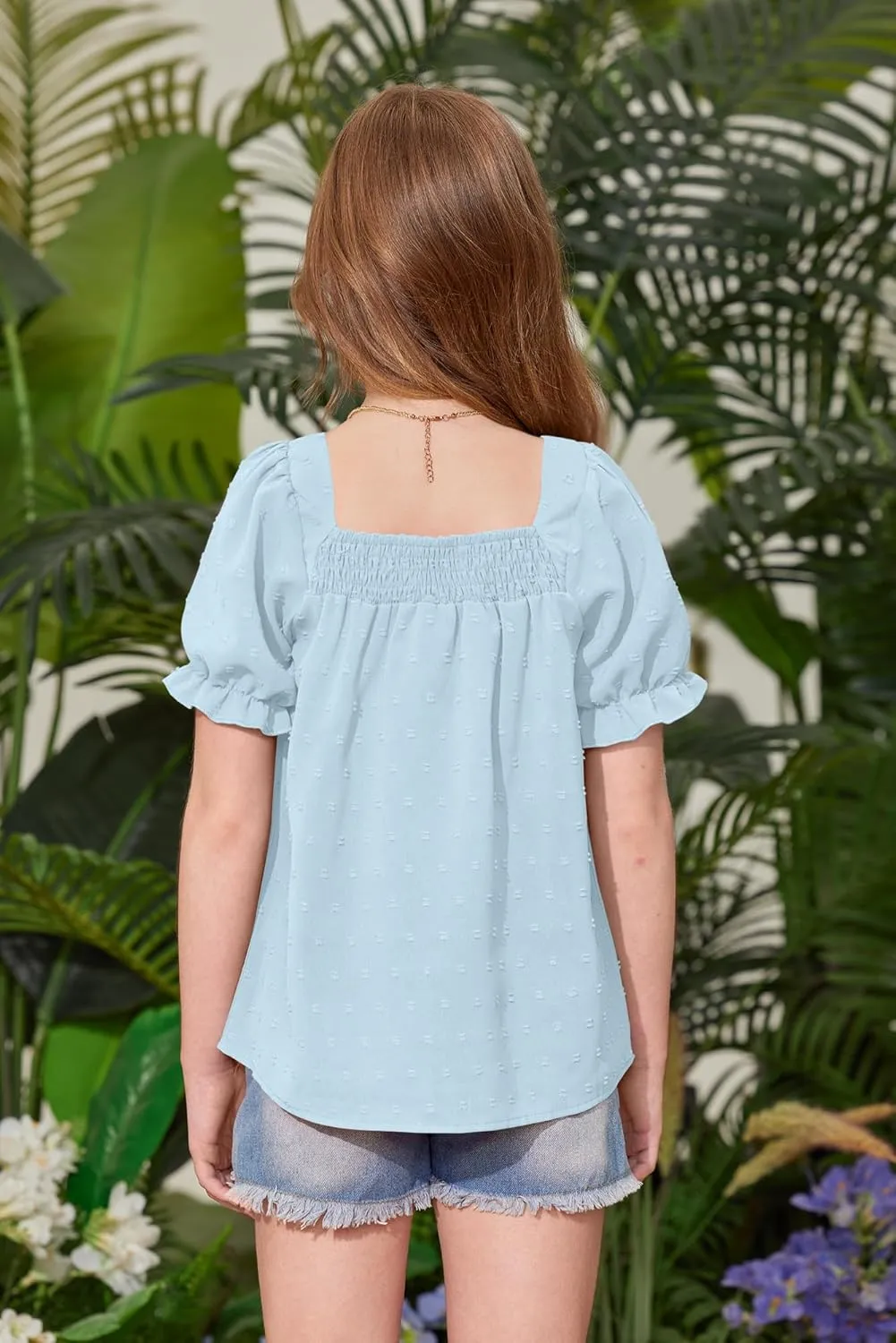 BesserBay Girls Summer Puff Sleeve Top Smocked Swiss Dot Ruffle Cuffs Blouse Spring Square Neck Shirt 6-14 Years