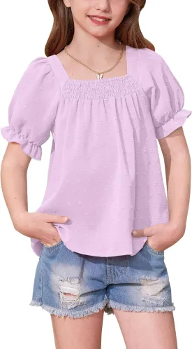 BesserBay Girls Summer Puff Sleeve Top Smocked Swiss Dot Ruffle Cuffs Blouse Spring Square Neck Shirt 6-14 Years