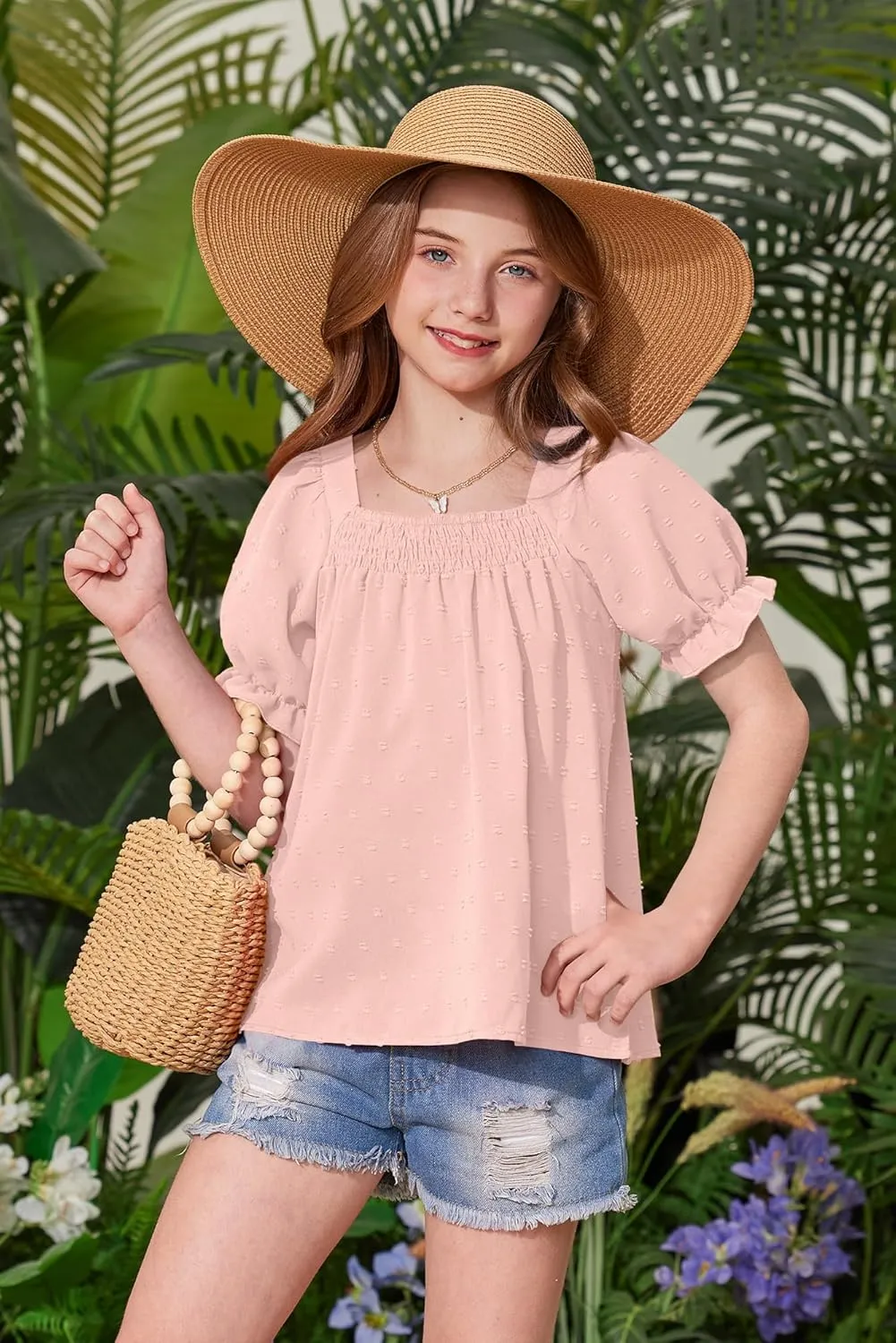 BesserBay Girls Summer Puff Sleeve Top Smocked Swiss Dot Ruffle Cuffs Blouse Spring Square Neck Shirt 6-14 Years