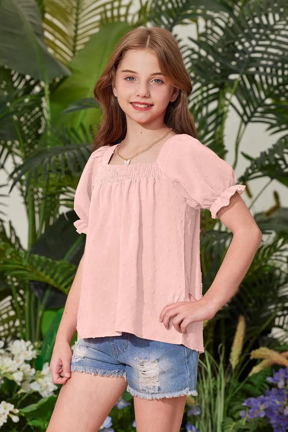 BesserBay Girls Summer Puff Sleeve Top Smocked Swiss Dot Ruffle Cuffs Blouse Spring Square Neck Shirt 6-14 Years