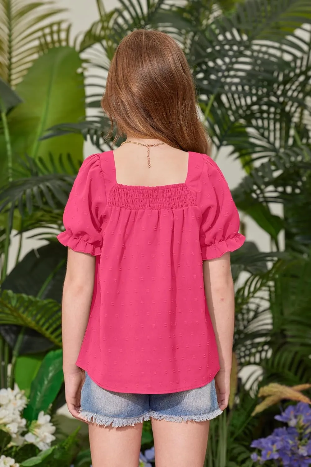 BesserBay Girls Summer Puff Sleeve Top Smocked Swiss Dot Ruffle Cuffs Blouse Spring Square Neck Shirt 6-14 Years