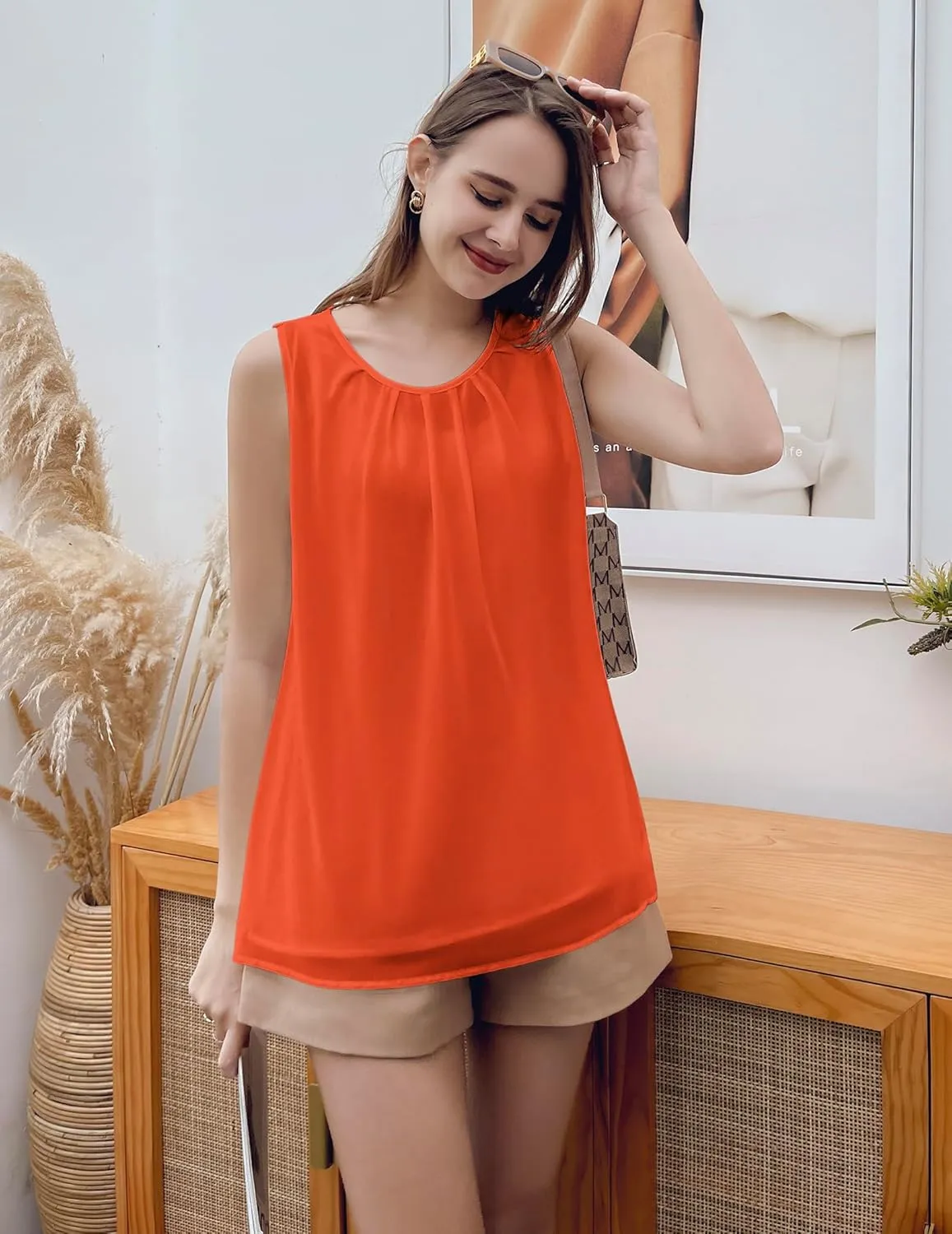 Beyove Womens Chiffon Tank Tops Crewneck Loose Fit Basic Casual Summer Sleeveless Shirts Blouse