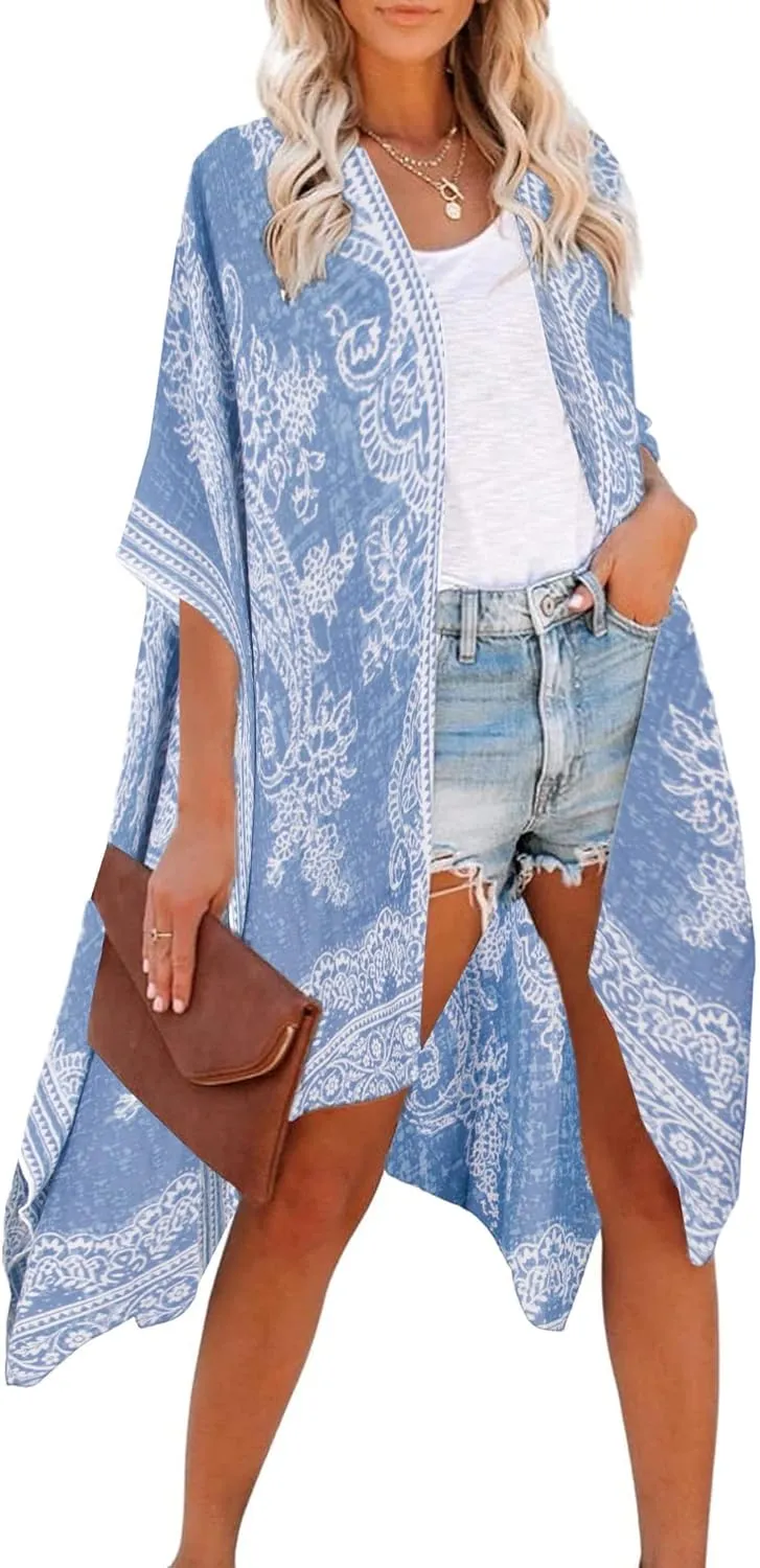 Breezy Lane Women's Kimono Cardigan Summer Swimsuit Coverups Beach Cover Up with Floral Print for Vacation