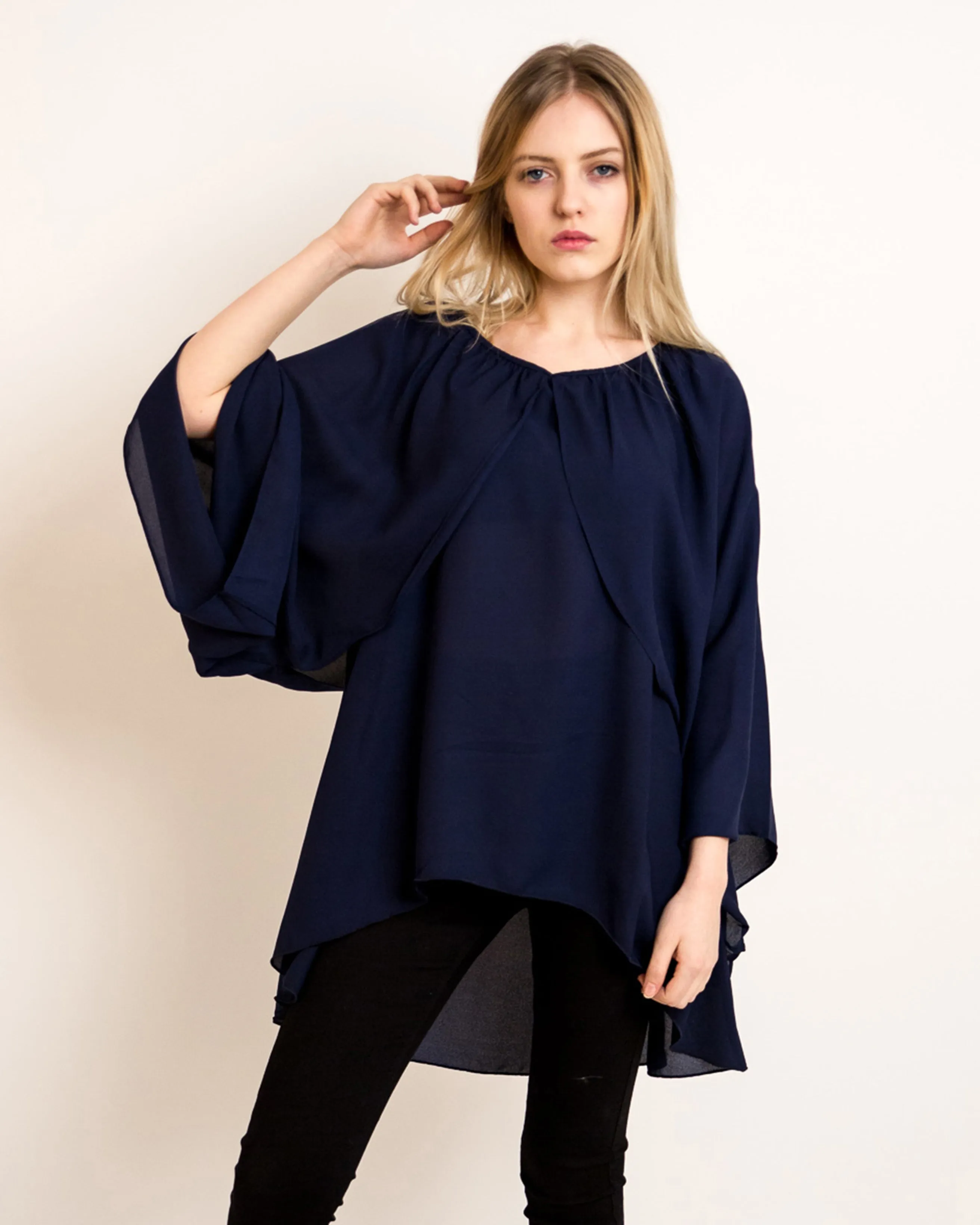 Chiffon Long Sleeves Cape/Top(NAVY)