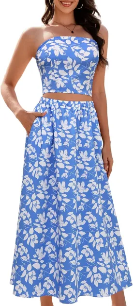 DRESSTELLS Women's Summer 2 Piece Skirt Set, Floral Crop Top and Maxi Boho Sundress Beach Tropical Dressy Casual Outfits