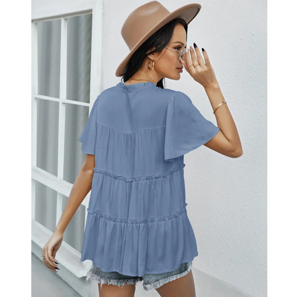 Frill Trim Tassel Tie Flutter Sleeve Top