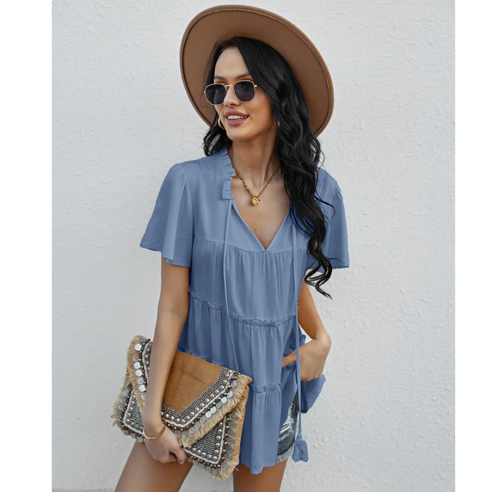 Frill Trim Tassel Tie Flutter Sleeve Top