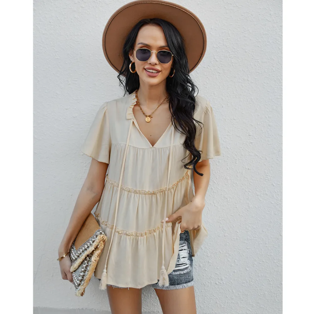 Frill Trim Tassel Tie Flutter Sleeve Top