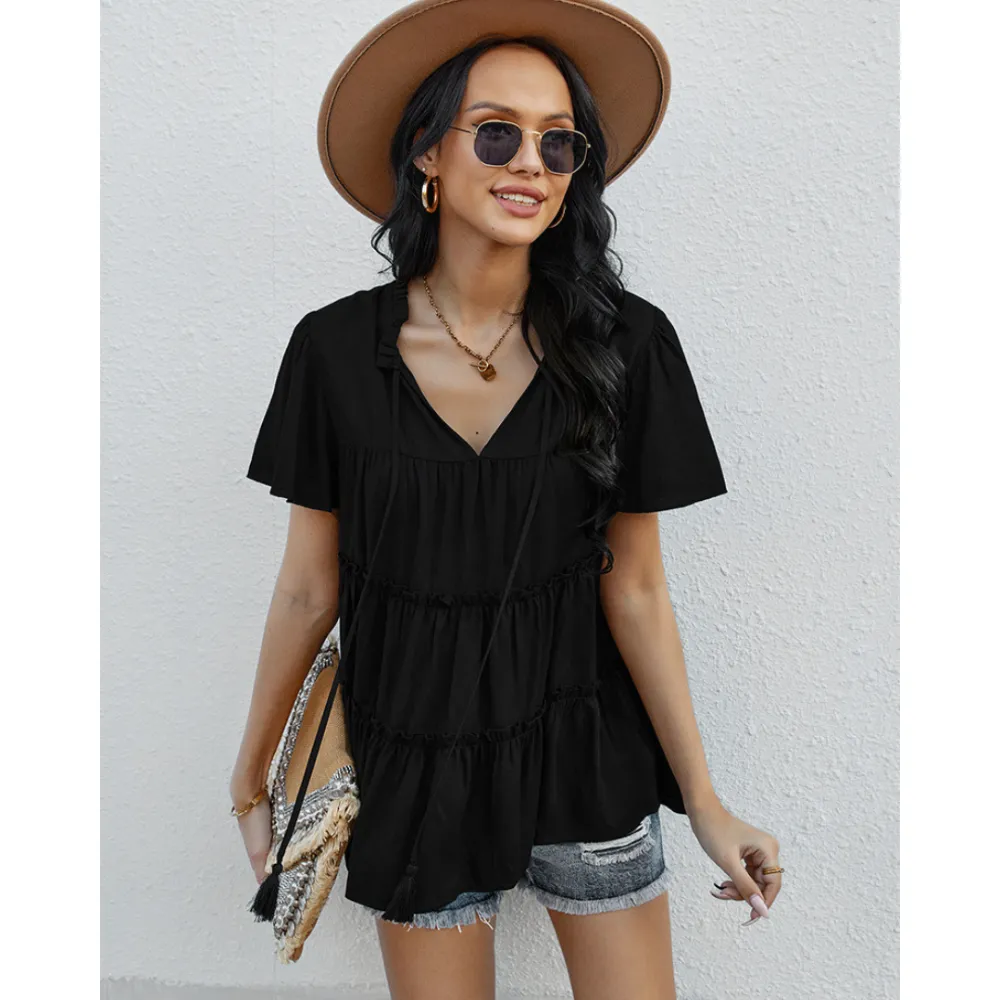 Frill Trim Tassel Tie Flutter Sleeve Top