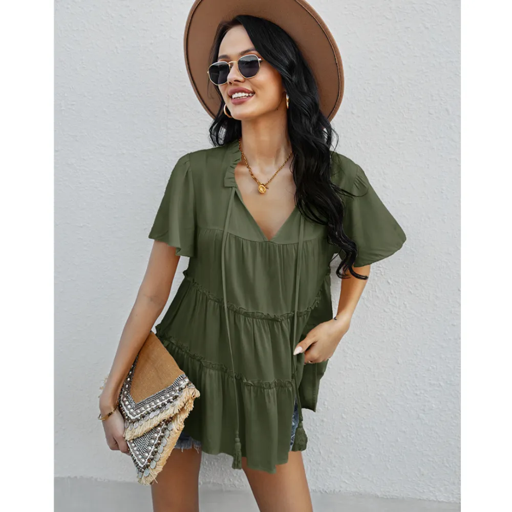 Frill Trim Tassel Tie Flutter Sleeve Top