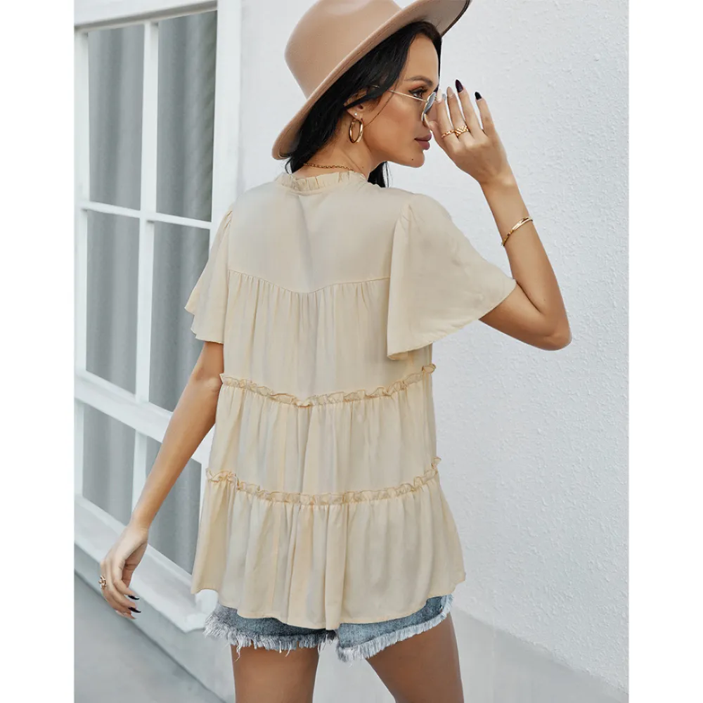 Frill Trim Tassel Tie Flutter Sleeve Top