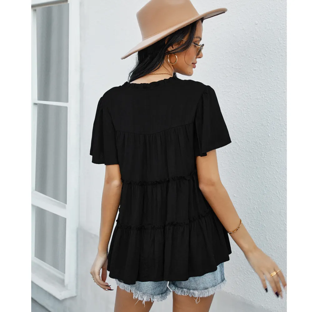 Frill Trim Tassel Tie Flutter Sleeve Top