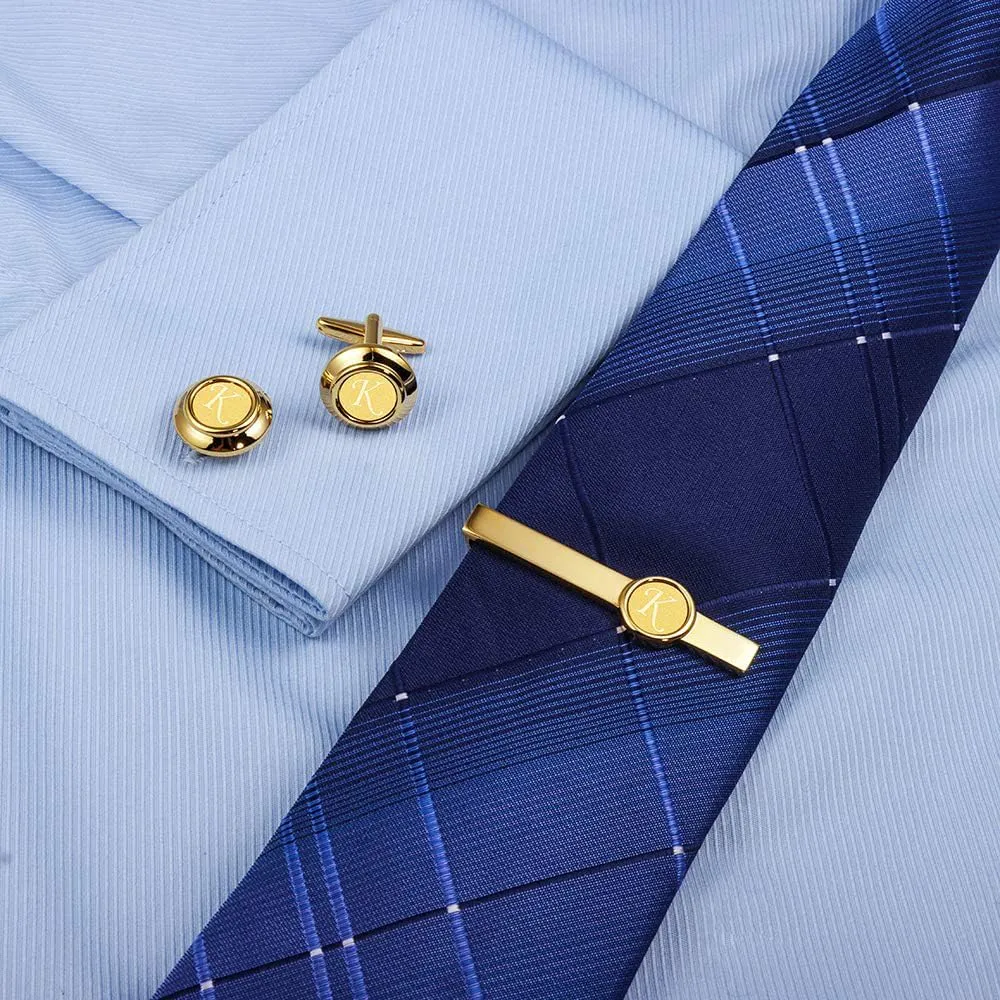 HAWSON 2 inch Tie Clips and Cufflinks Sets for Men A-Z Gold Engraved Letter Cufflinks and Tie Clips Sets for Formal Business Wedding