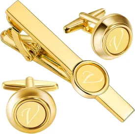 HAWSON 2 inch Tie Clips and Cufflinks Sets for Men A-Z Gold Engraved Letter Cufflinks and Tie Clips Sets for Formal Business Wedding