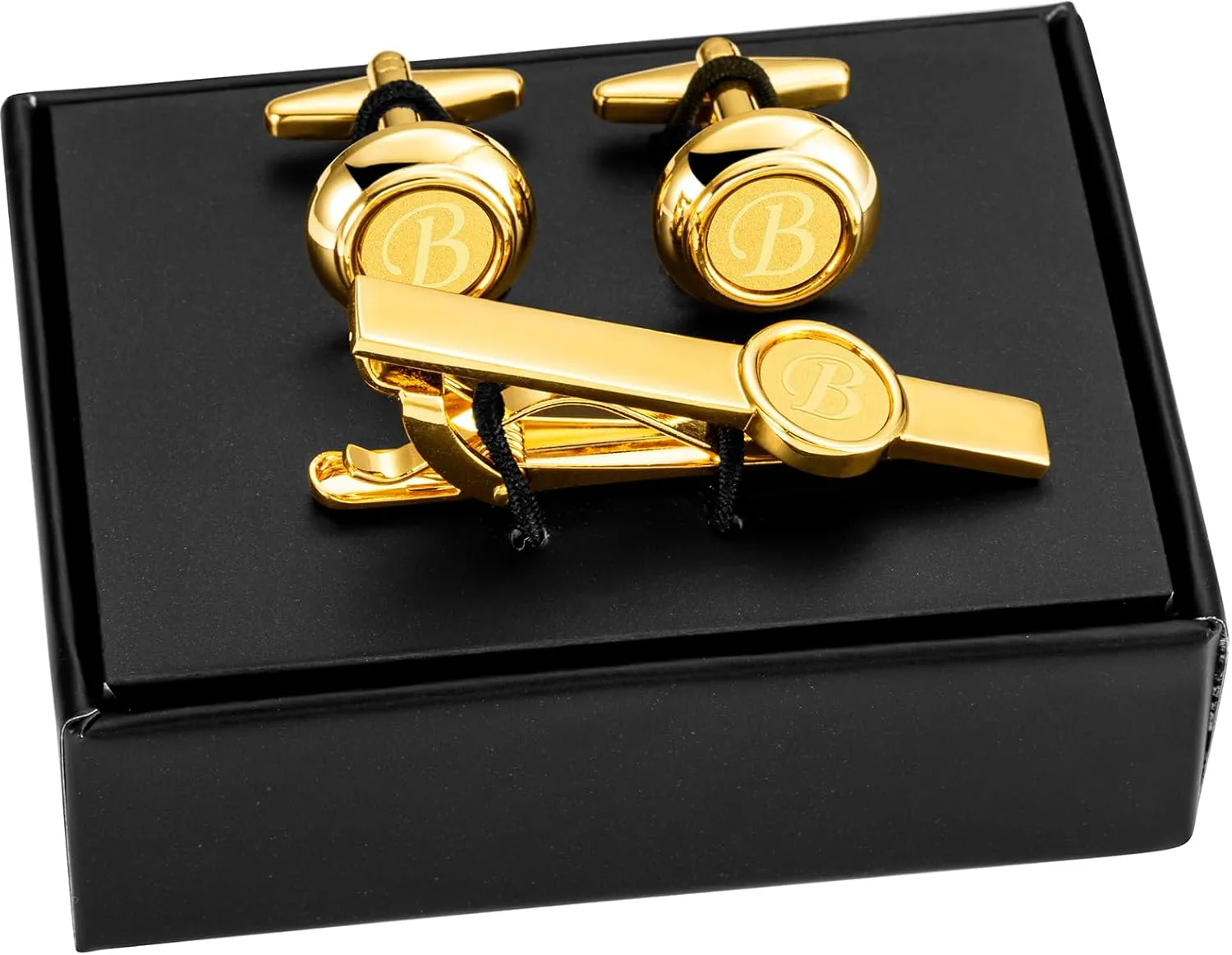 HAWSON 2 inch Tie Clips and Cufflinks Sets for Men A-Z Gold Engraved Letter Cufflinks and Tie Clips Sets for Formal Business Wedding
