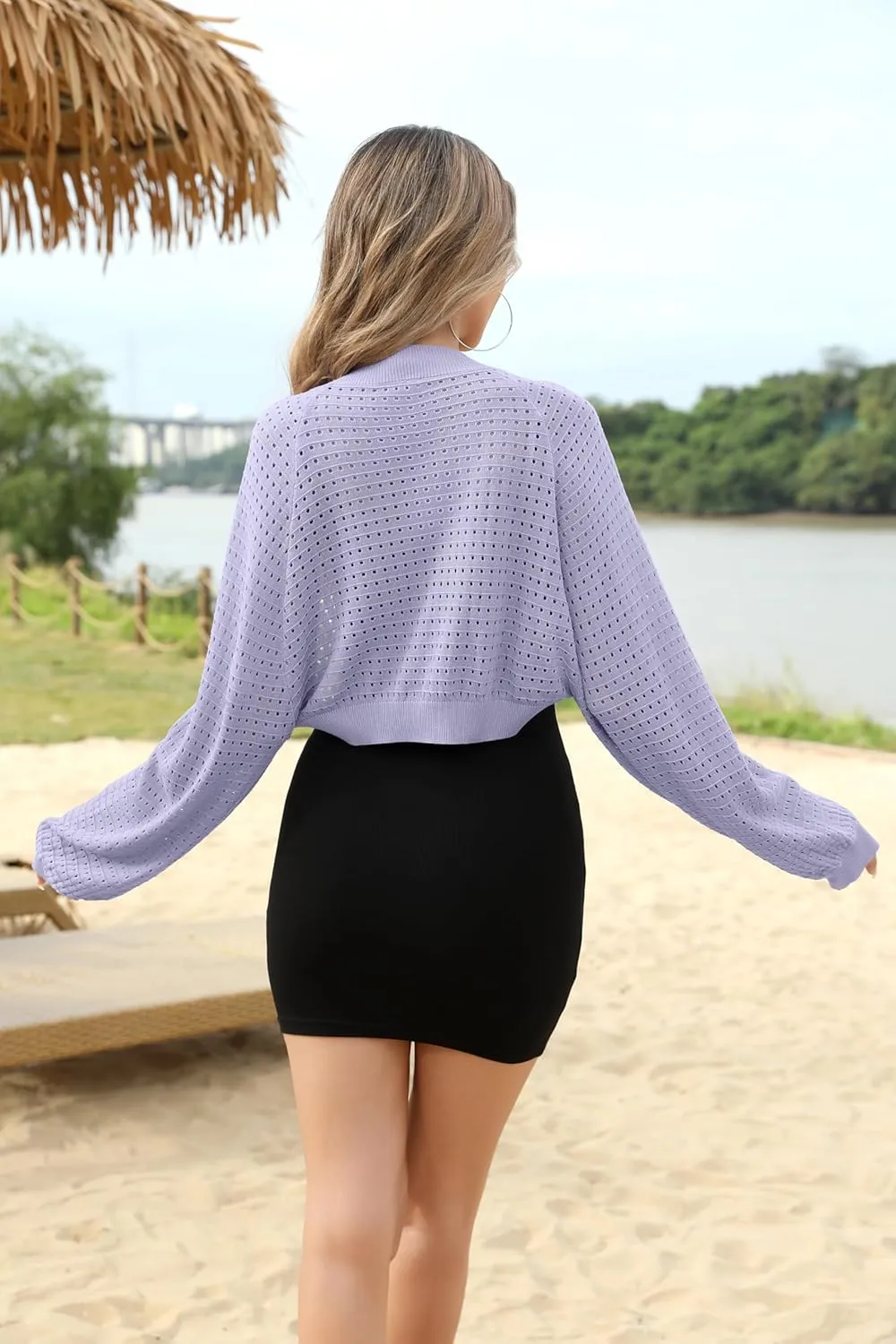 HIYIYEZI Women's Cardigan Shrugs Balloon Sleeve Bolero Lightweight Summer Cover Up Hollow Out Sweater Shrug for Dresses