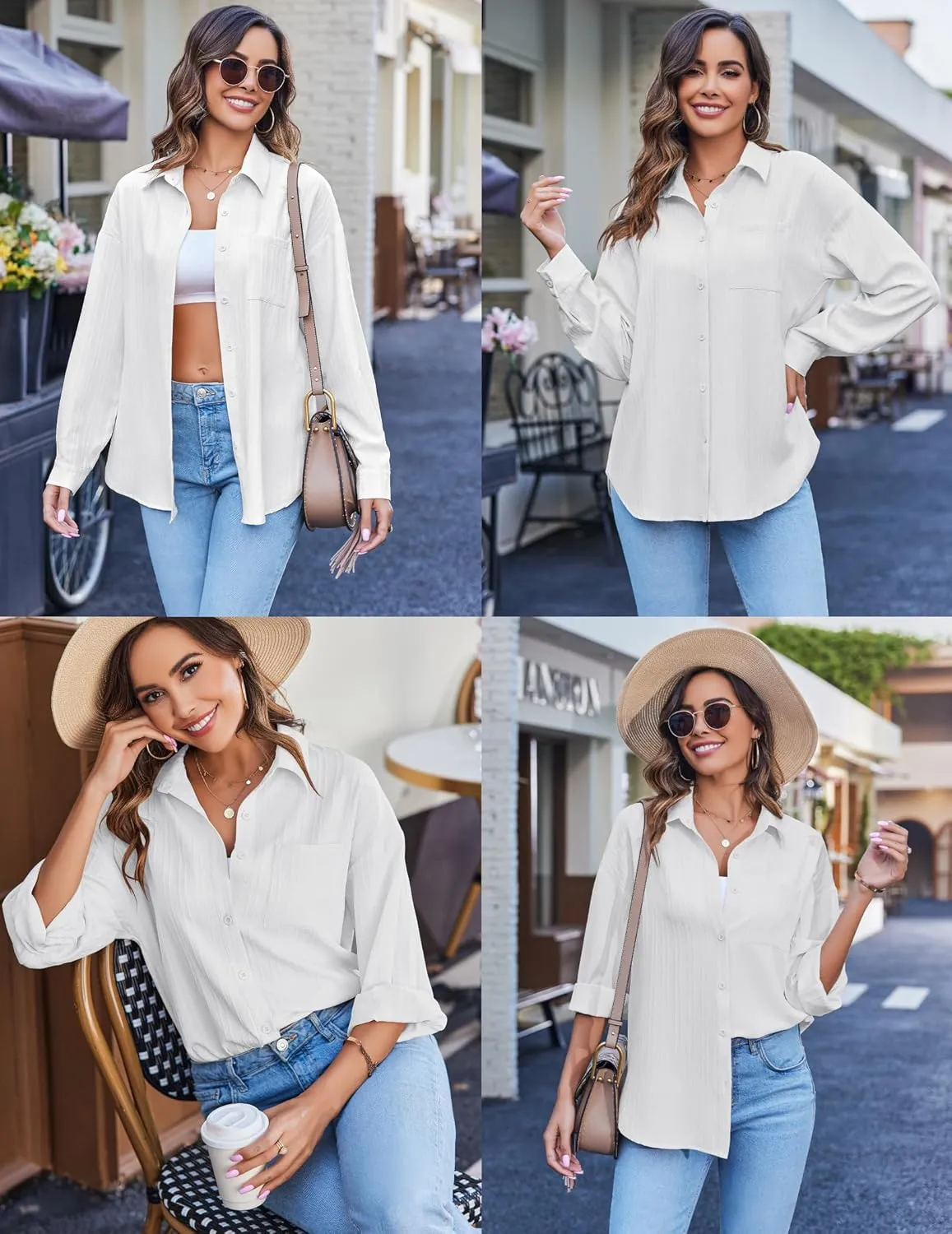 HOTOUCH Womens Button Down Shirt Casual Long Sleeves Loose fit Classic Collared Blouses Fasion Textured Top with Pockets
