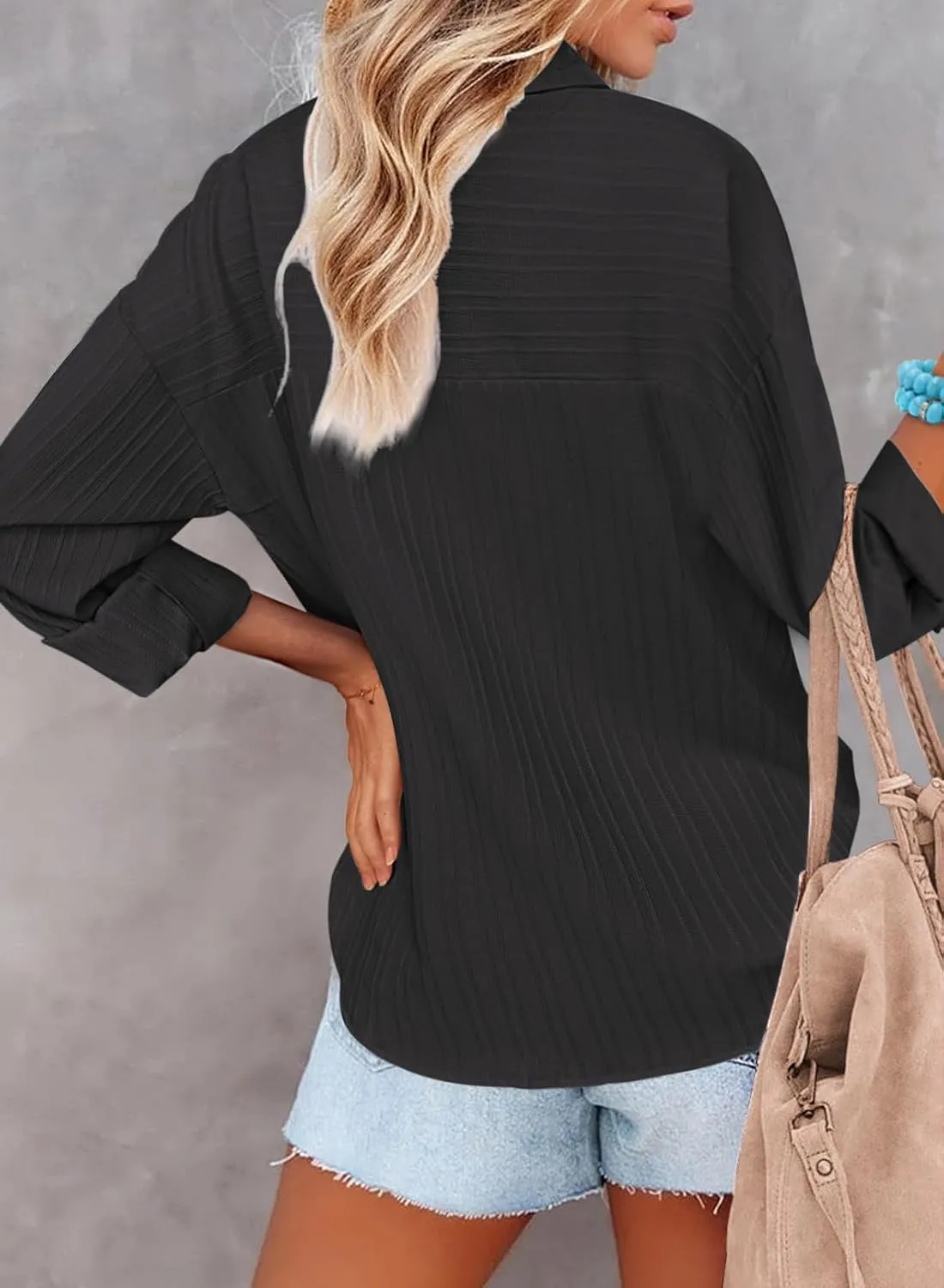HOTOUCH Womens Button Down Shirt Casual Long Sleeves Loose fit Classic Collared Blouses Fasion Textured Top with Pockets