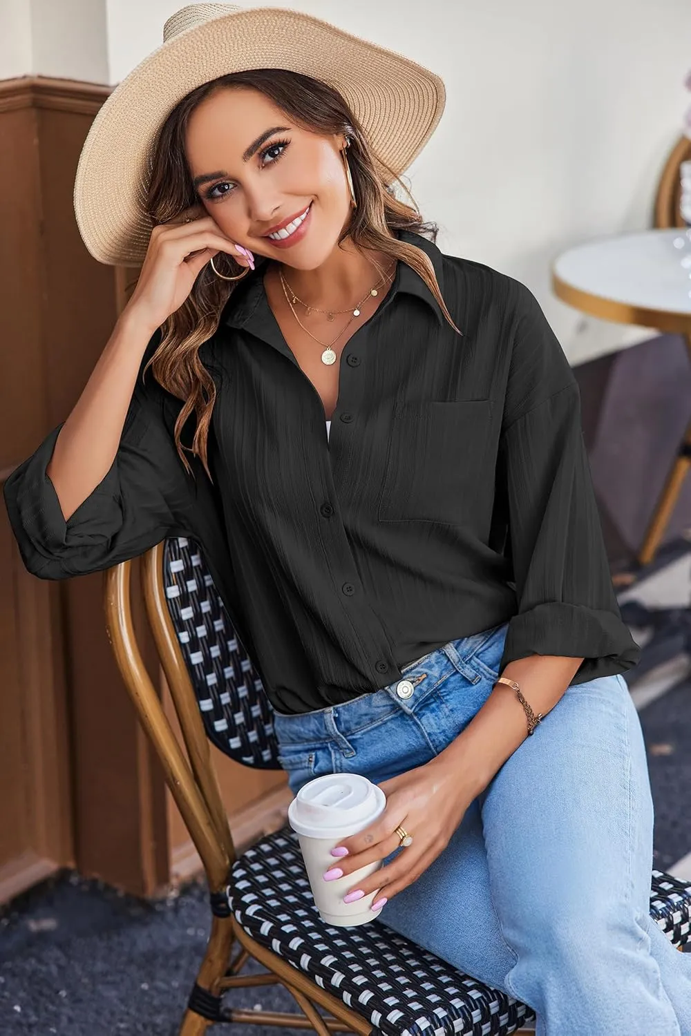 HOTOUCH Womens Button Down Shirt Casual Long Sleeves Loose fit Classic Collared Blouses Fasion Textured Top with Pockets