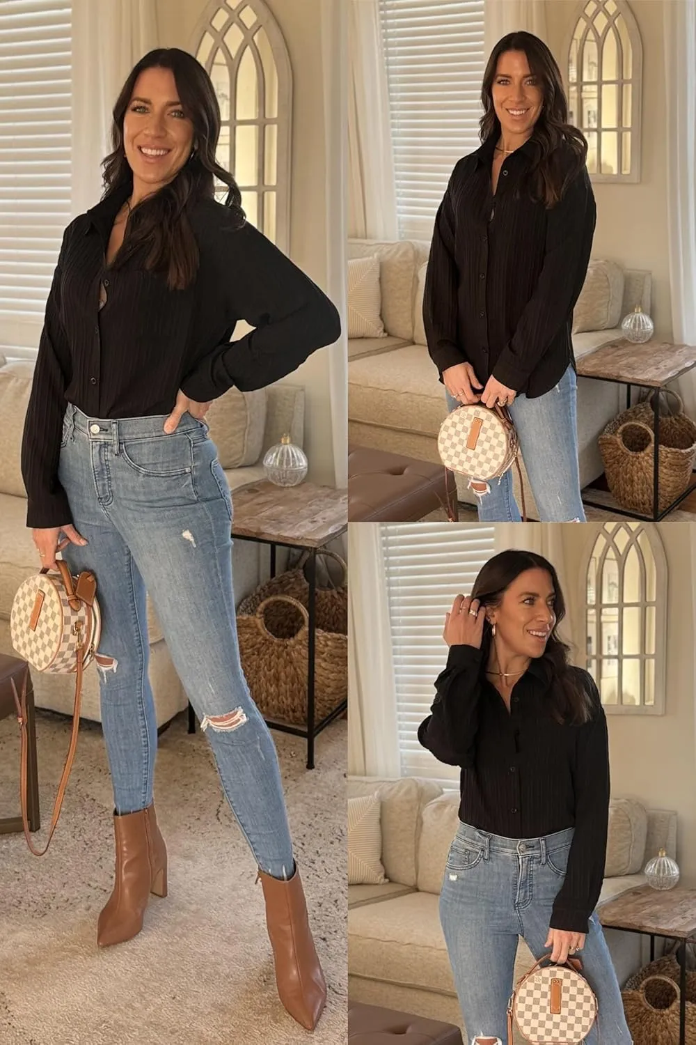 HOTOUCH Womens Button Down Shirt Casual Long Sleeves Loose fit Classic Collared Blouses Fasion Textured Top with Pockets